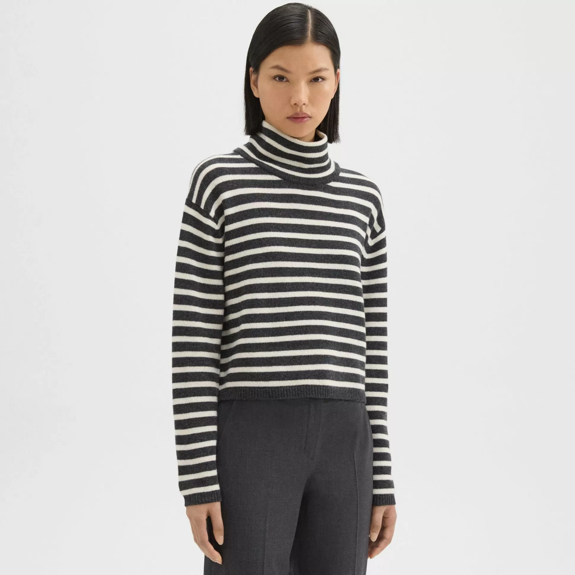 Theory Striped Crop Turtleneck In Felted Wool-Cashmere-Women Sweaters + Cardigans