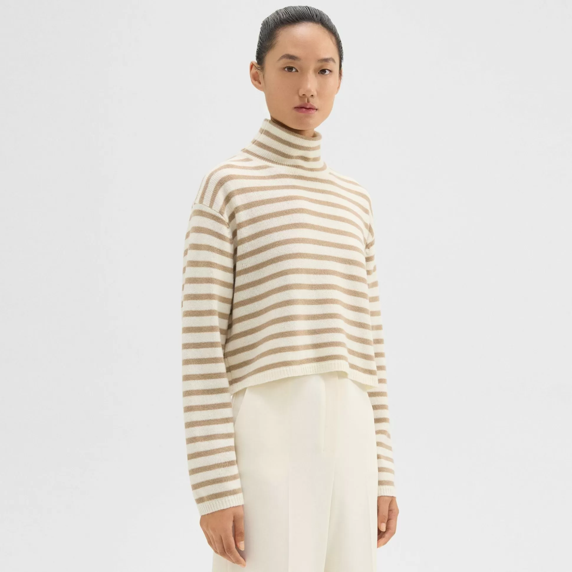 Theory Striped Crop Turtleneck In Felted Wool-Cashmere-Women Sweaters + Cardigans