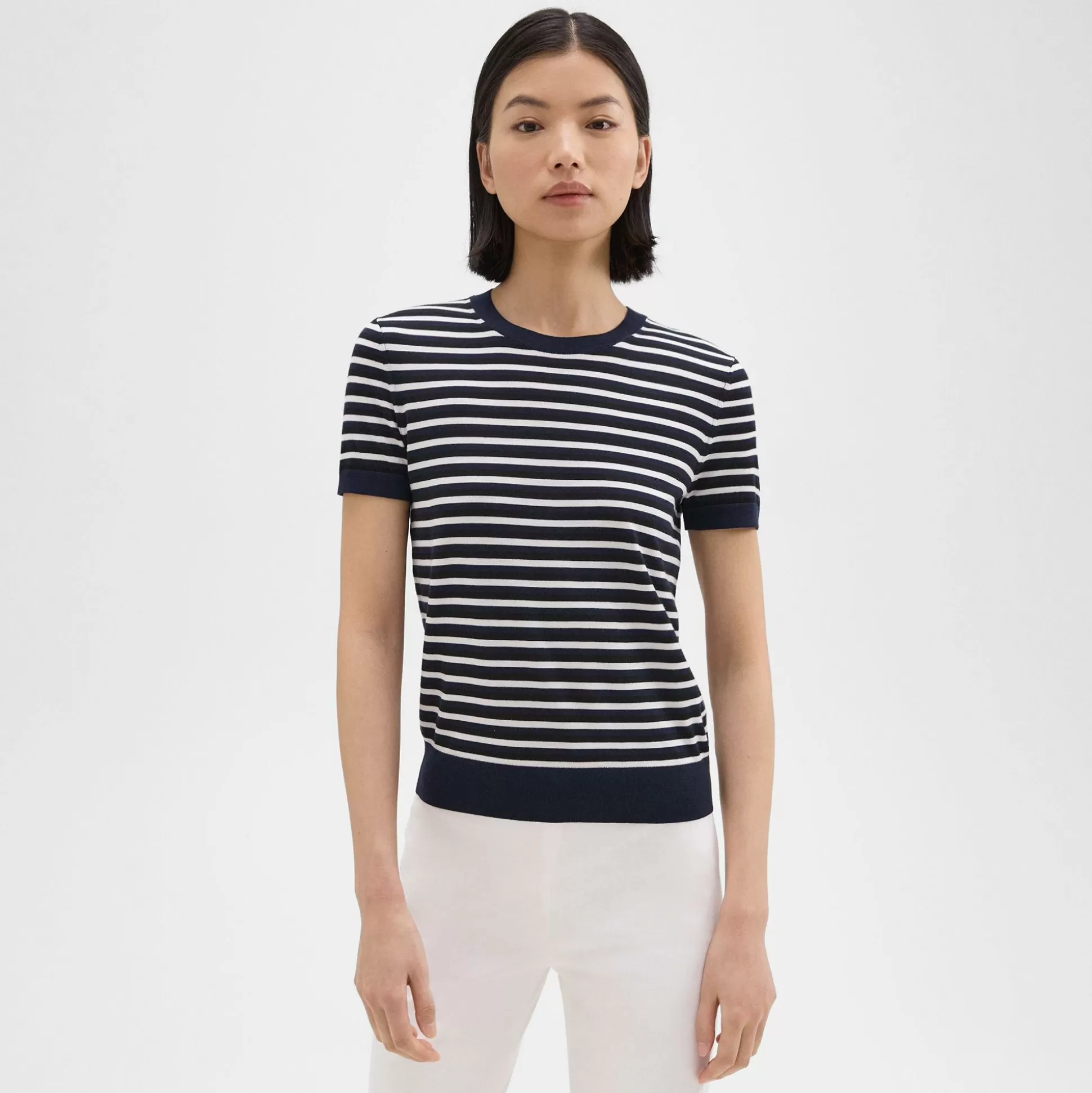 Theory Striped Short-Sleeve Sweater In Regal Wool-Women Sweaters + Cardigans