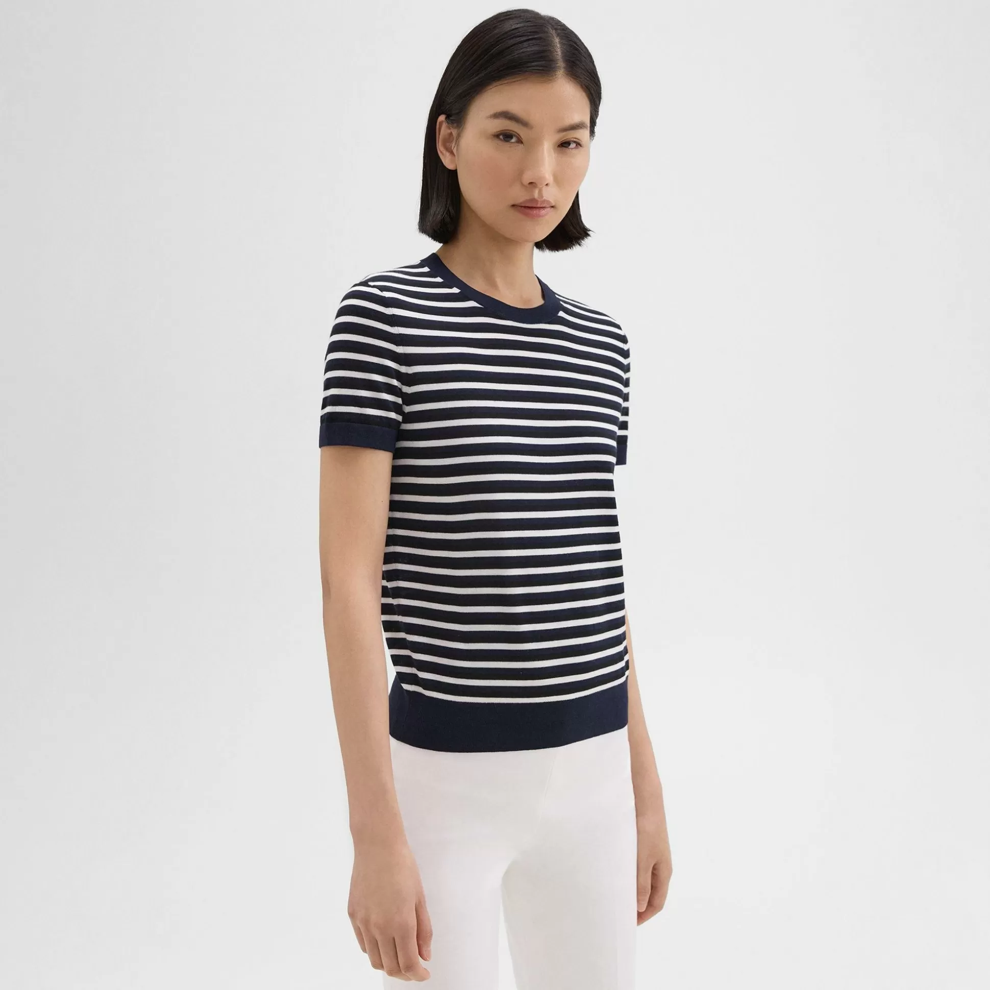 Theory Striped Short-Sleeve Sweater In Regal Wool-Women Sweaters + Cardigans