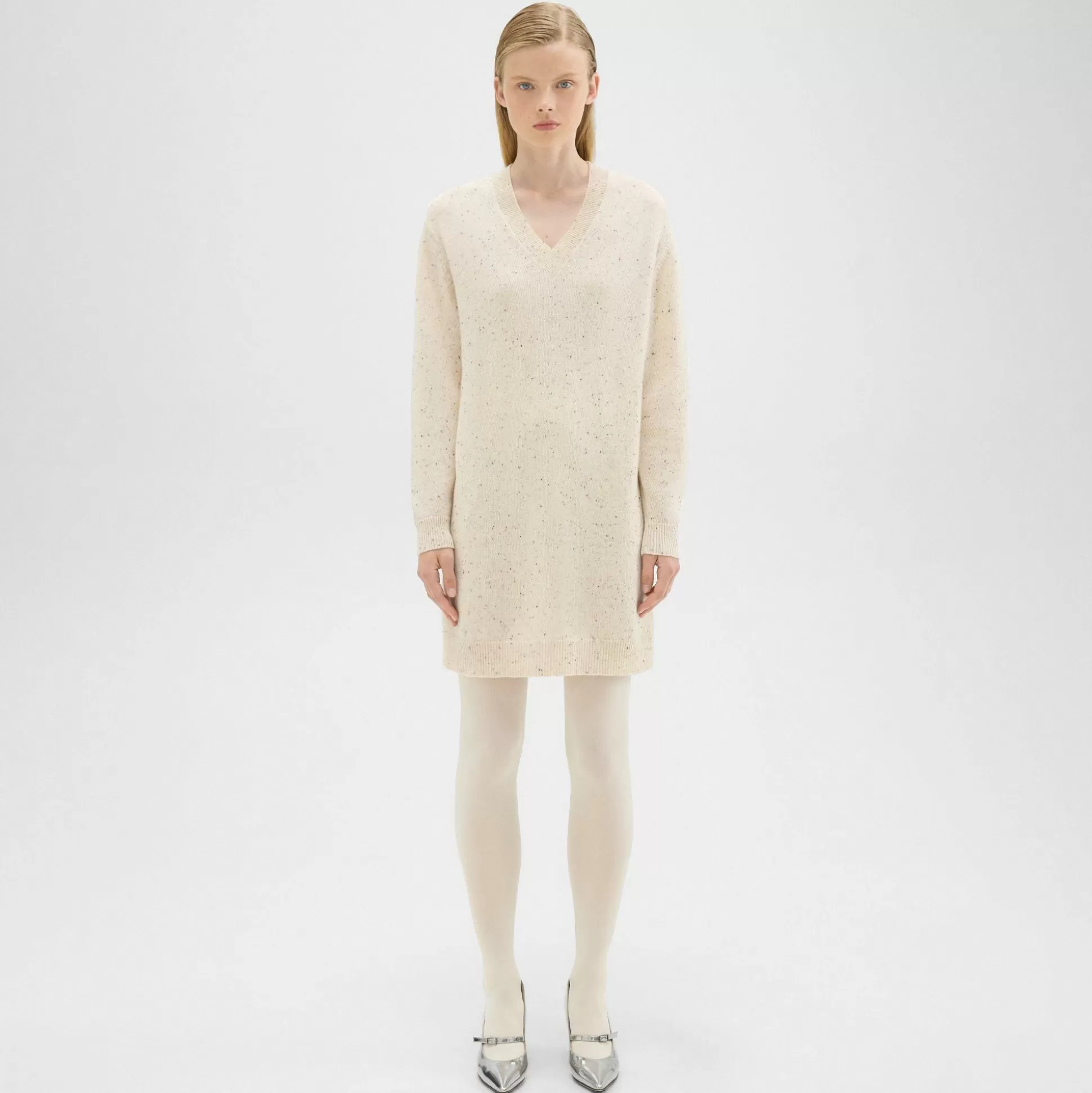 Theory V-Neck Sweater Dress In Donegal Wool-Cashmere-Women Dresses