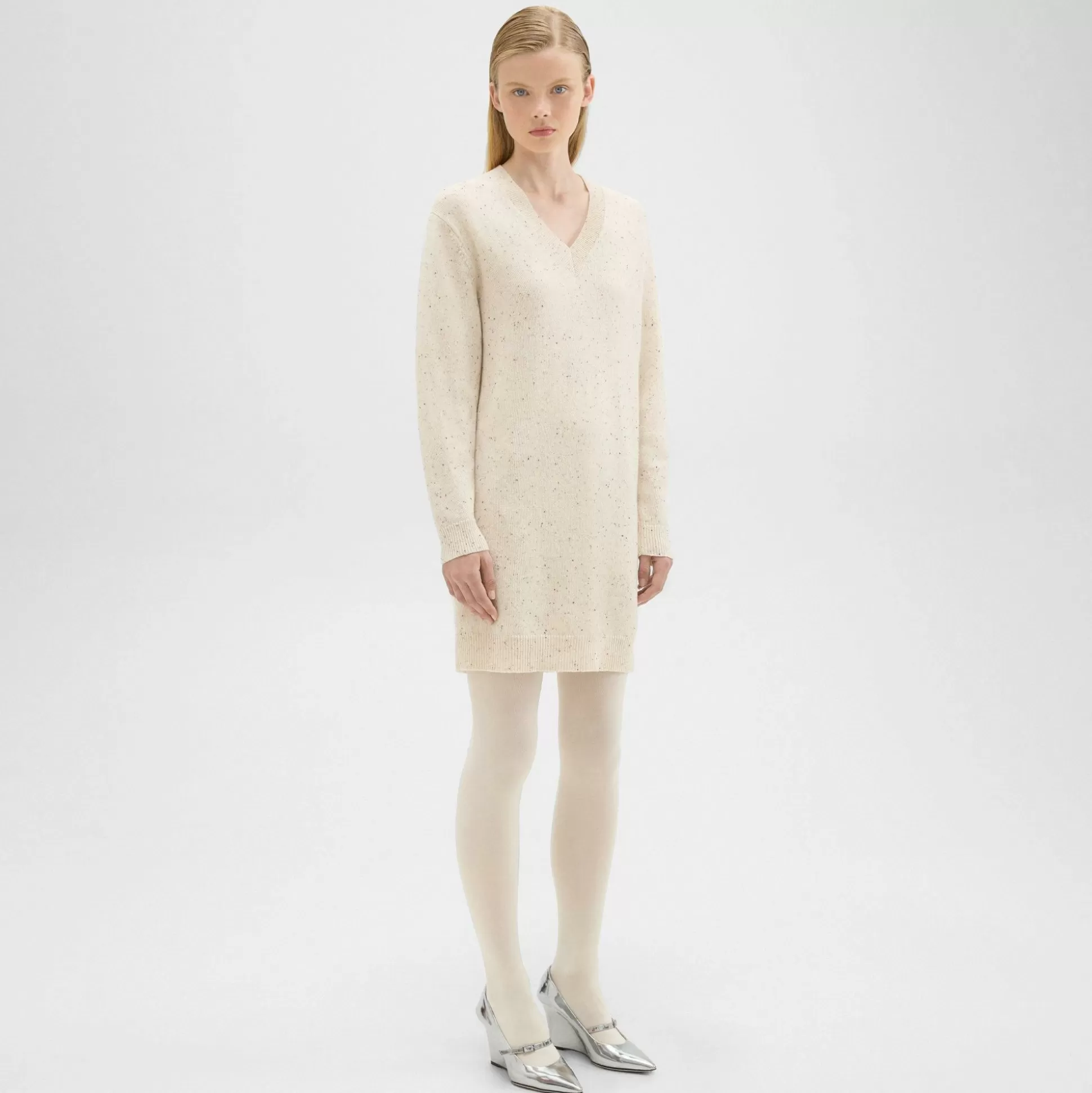 Theory V-Neck Sweater Dress In Donegal Wool-Cashmere-Women Dresses