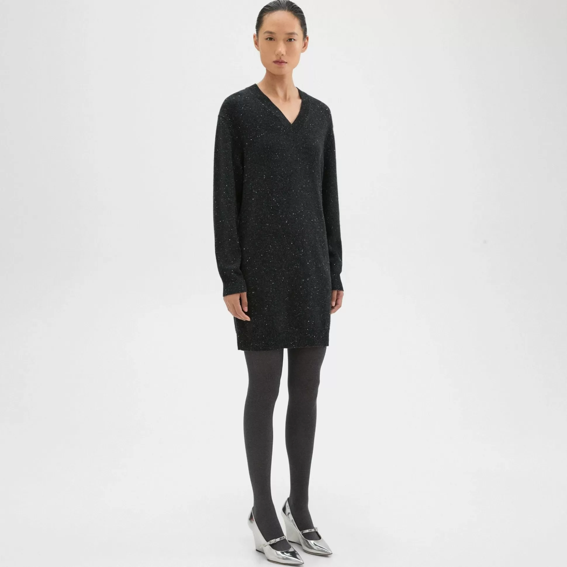 Theory V-Neck Sweater Dress In Donegal Wool-Cashmere-Women Dresses