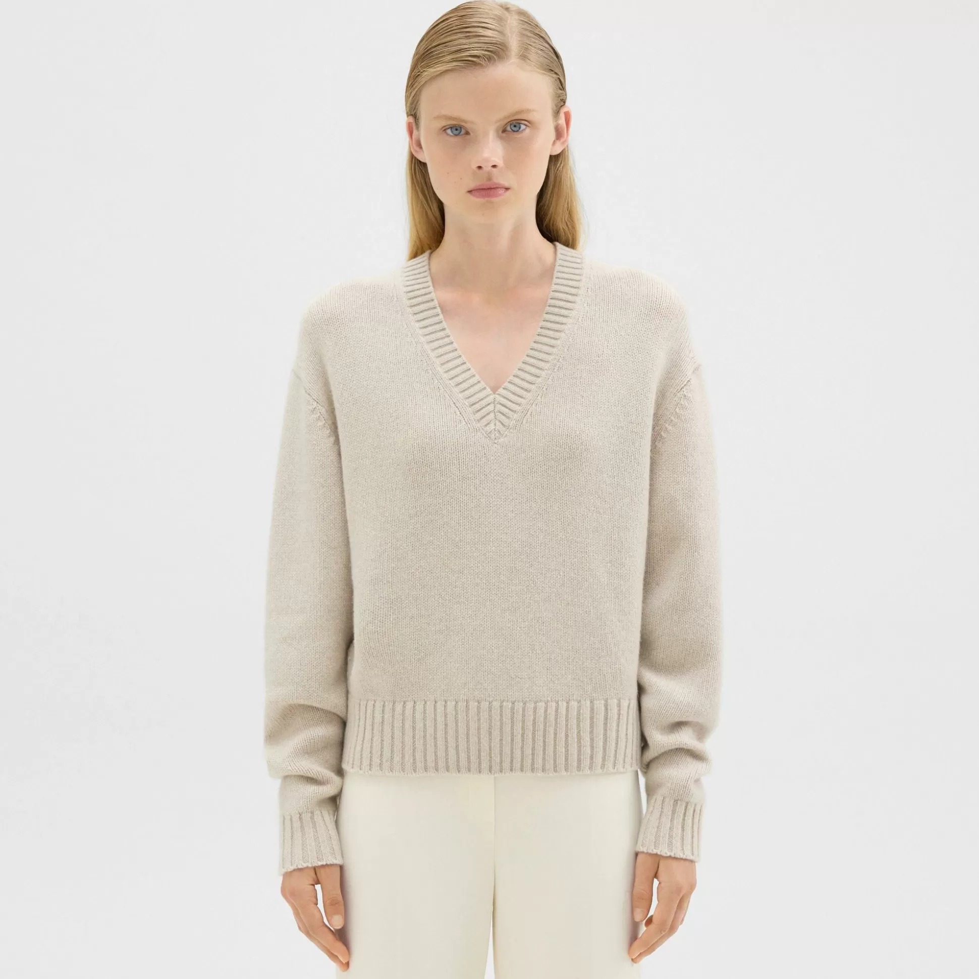 Theory V-Neck Sweater In Recycled Wool-Cashmere-Women Sweaters + Cardigans