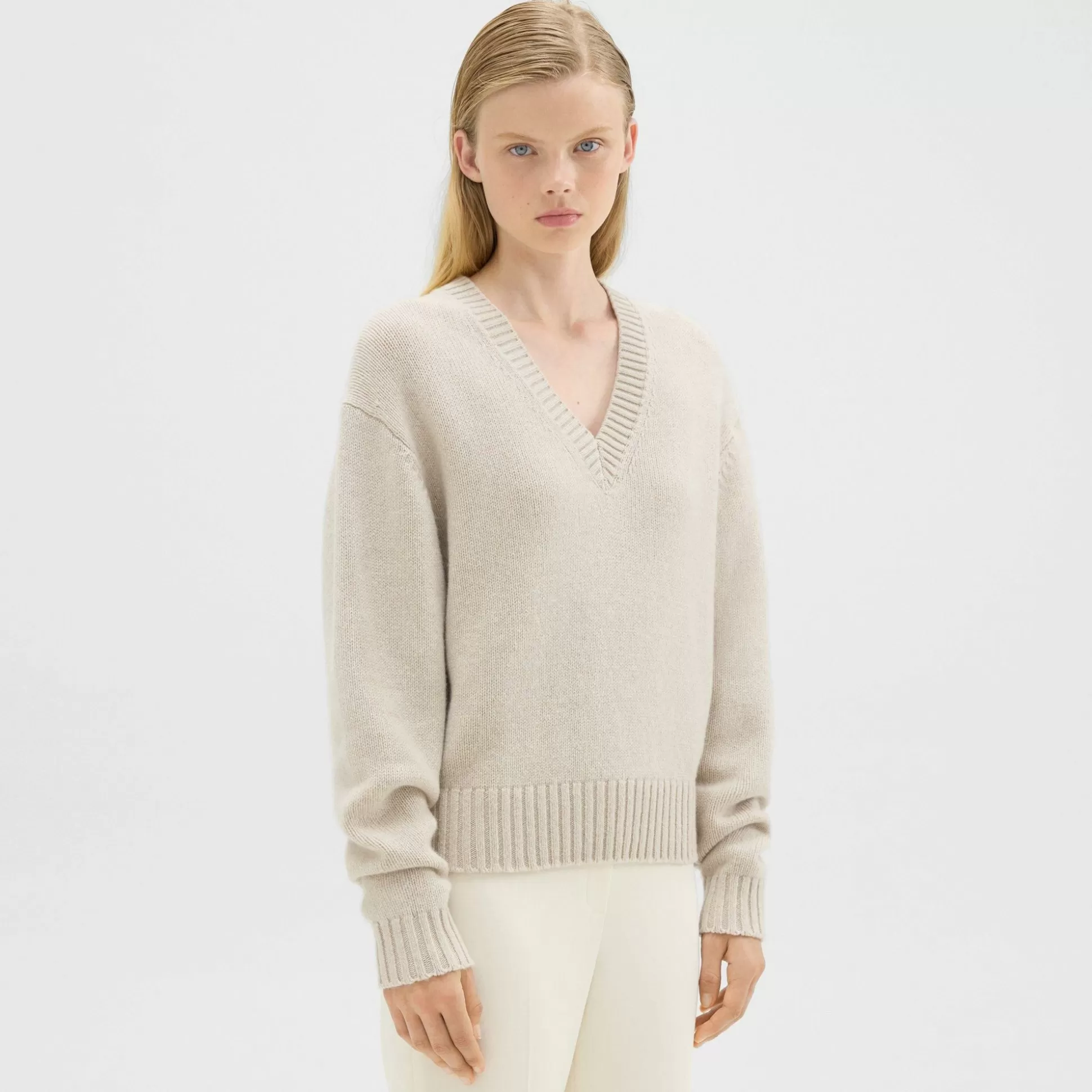 Theory V-Neck Sweater In Recycled Wool-Cashmere-Women Sweaters + Cardigans