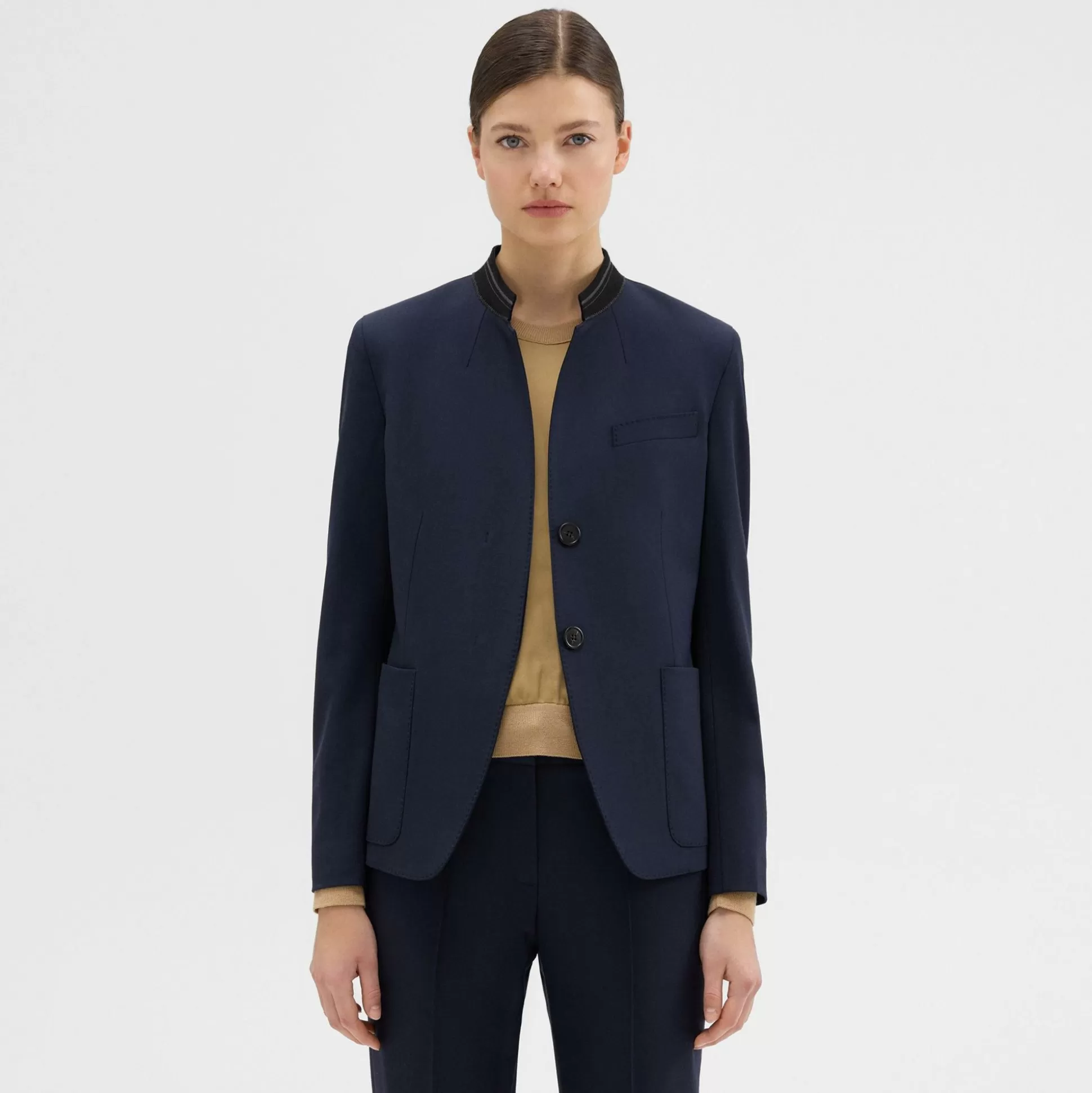 Theory Wool Gabardine Stand-Collar Blazer-Women Suits | Blazers + Jackets