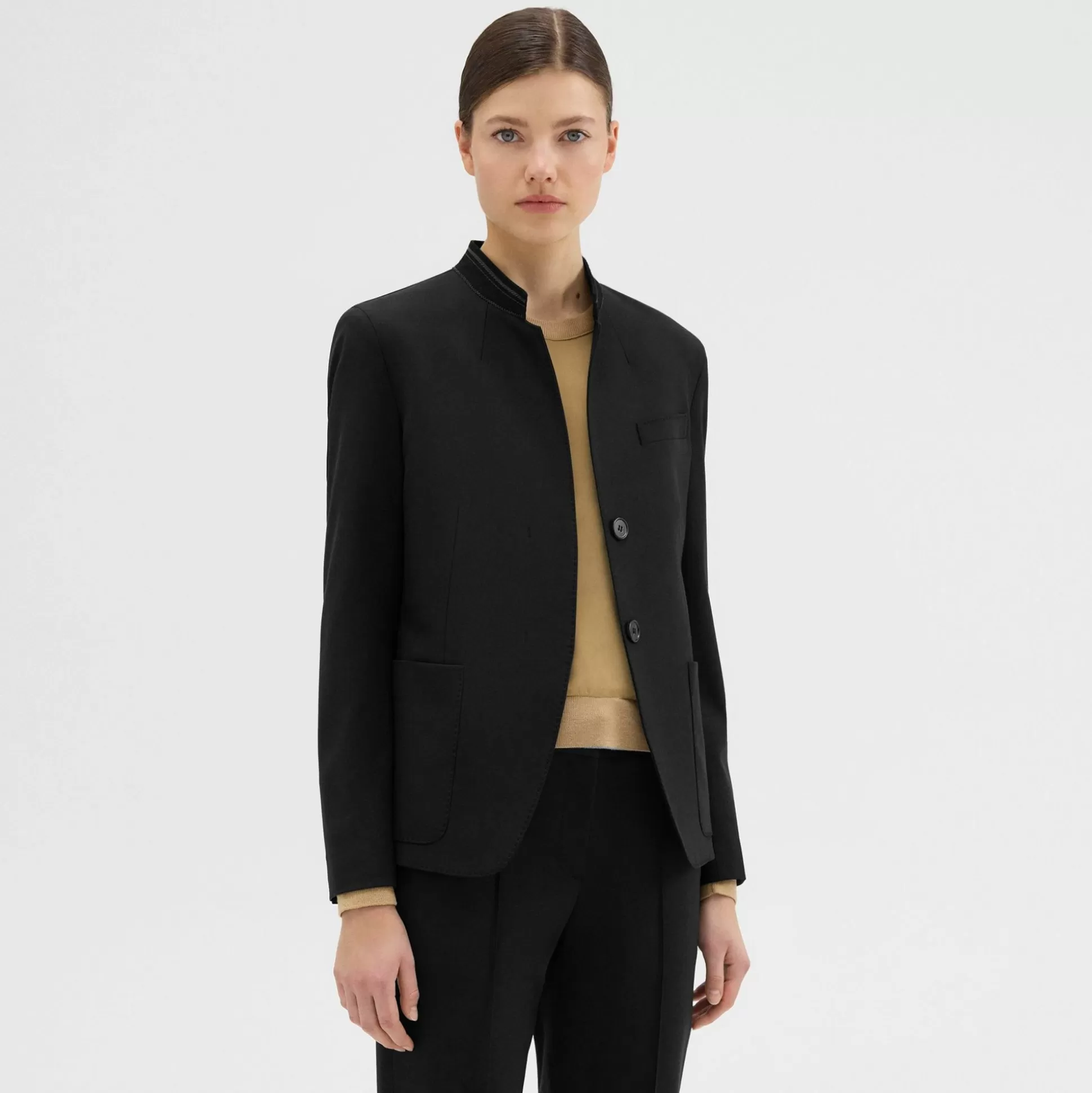 Theory Wool Gabardine Stand-Collar Blazer-Women Suits | Blazers + Jackets