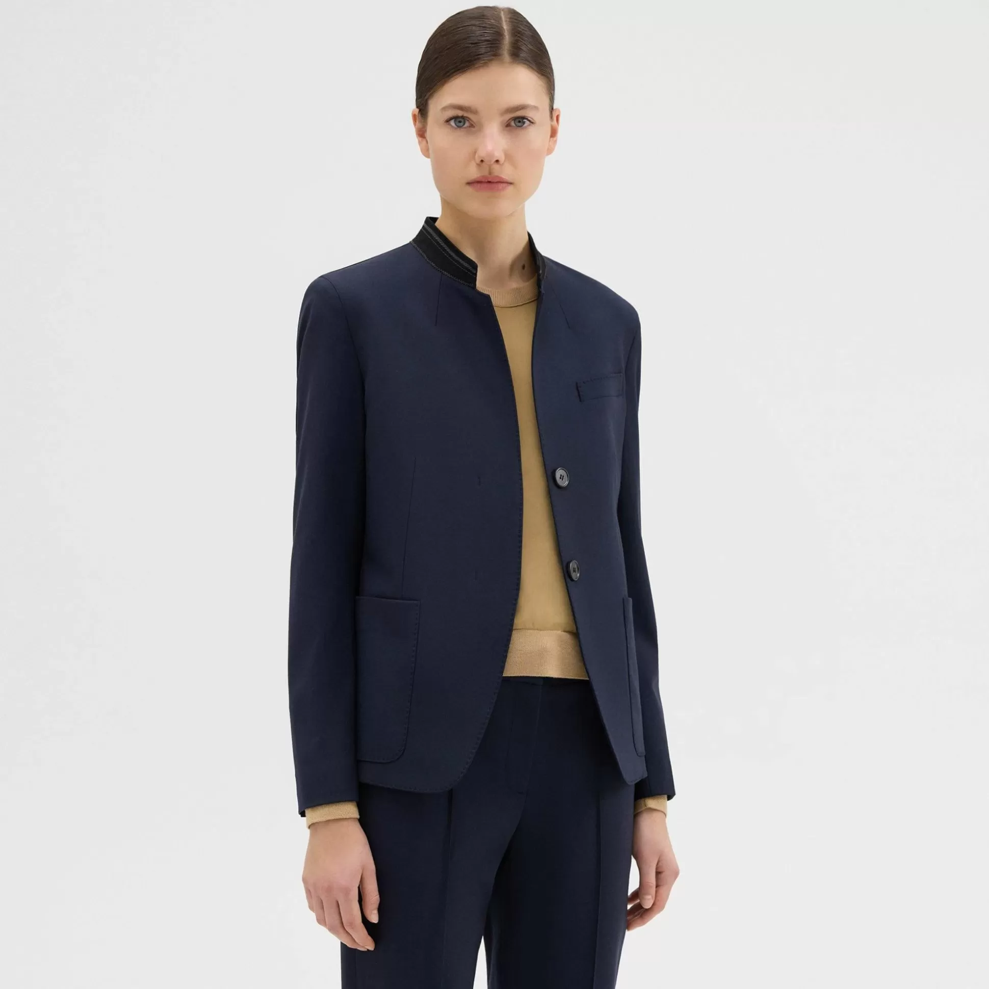 Theory Wool Gabardine Stand-Collar Blazer-Women Suits | Blazers + Jackets