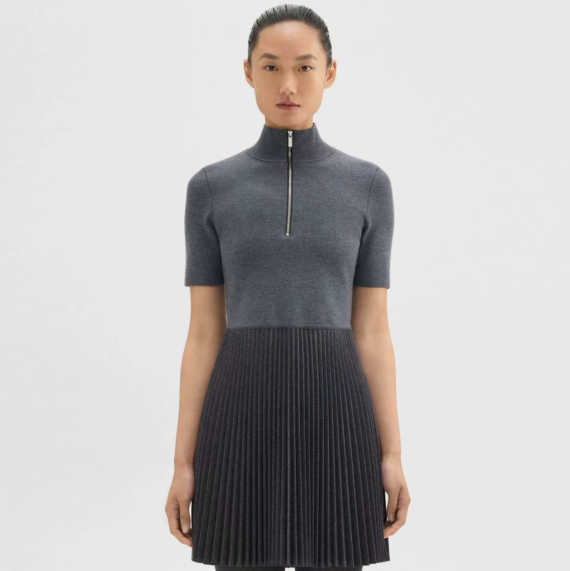 Theory Zip-Up Combo Dress In Blended Wool Flannel-Women Dresses